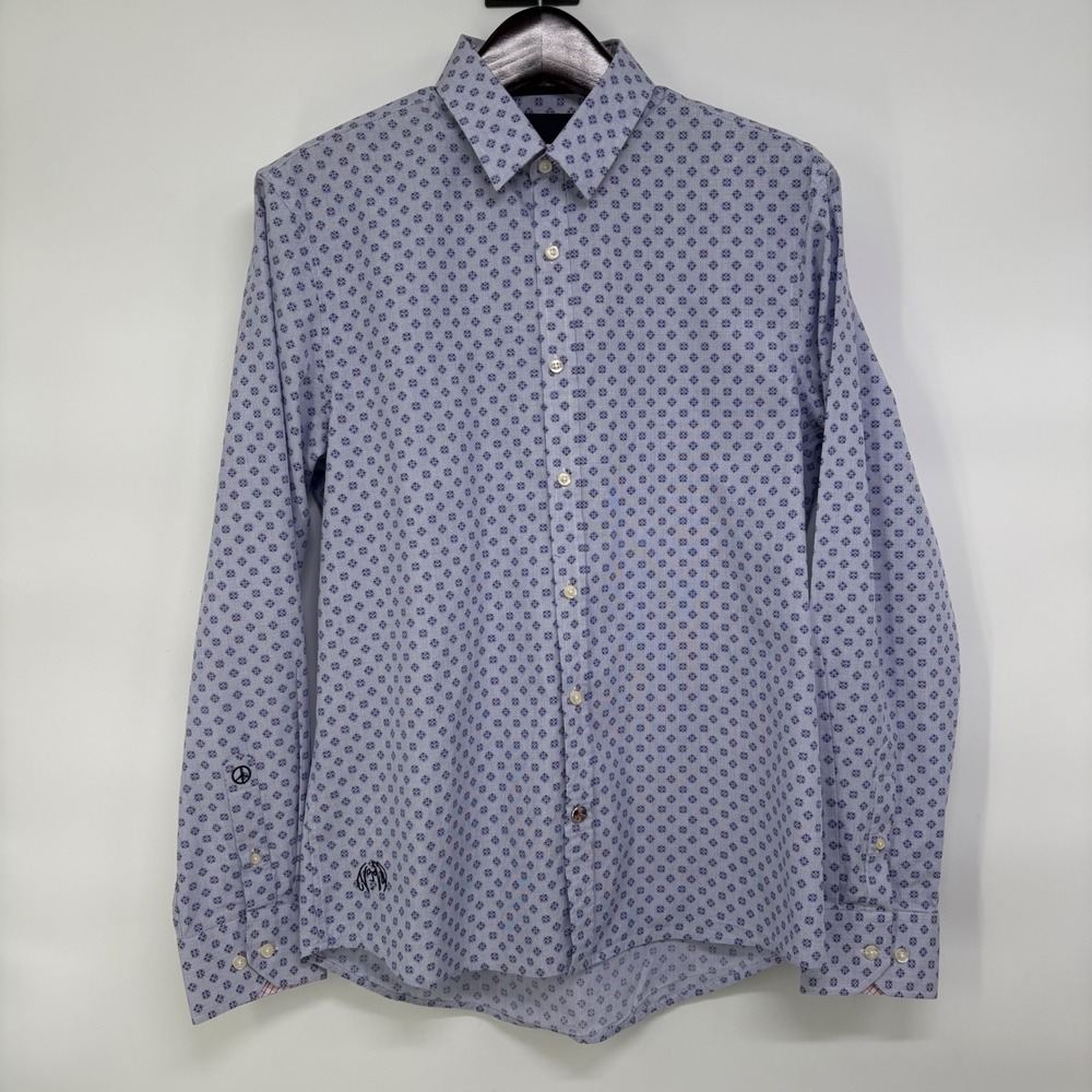 John Lennon Mens Geometric Medallion Peace Sign Button Up Shirt Blue Large